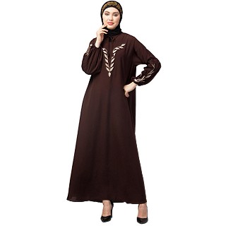 Embroidery abaya with balloon sleeves- Brown